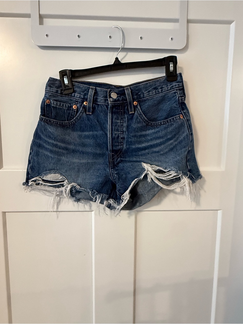 Levi's 501 High-Waist Distressed Denim Shorts - Blue 26 EUC